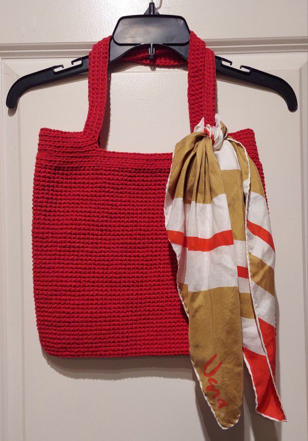 CROCHET RED TOTE BAG WITH SCARF  ( HANDMADE)