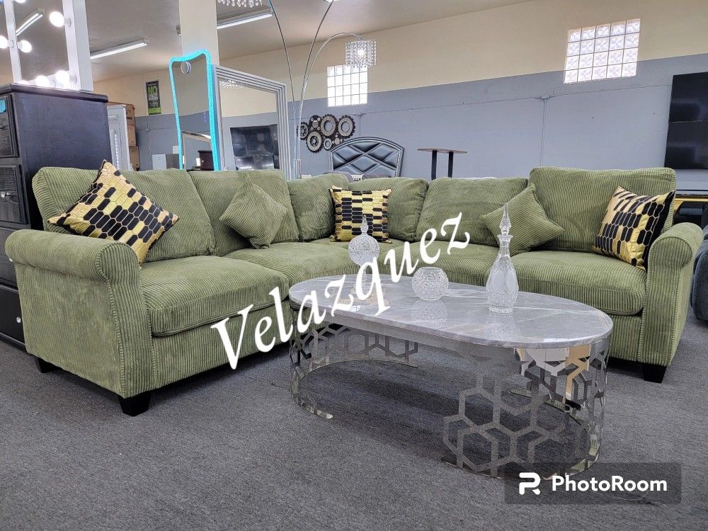 ✅️4 pc sage green corduroy fabric sectional sofa with rounded