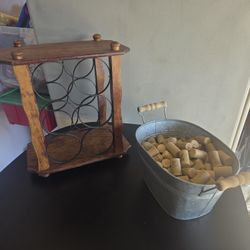 6 Bottle Counter Top Wine Rack Holder With Bucket And Corks