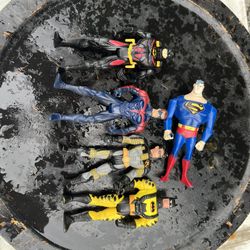 Warner Bros. Batman Action Figure Lot (5) – Superman, Robin (Animated / Chris O’Donnell Style), Black & Red Batman, Yellow Hazmat Batman  ⸻  Descripti