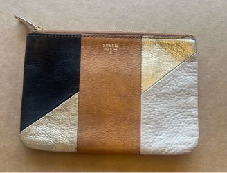 FOSSIL Color Block Wristlet Pouch Wallet-Black/Brown/Gold Leather 7x5