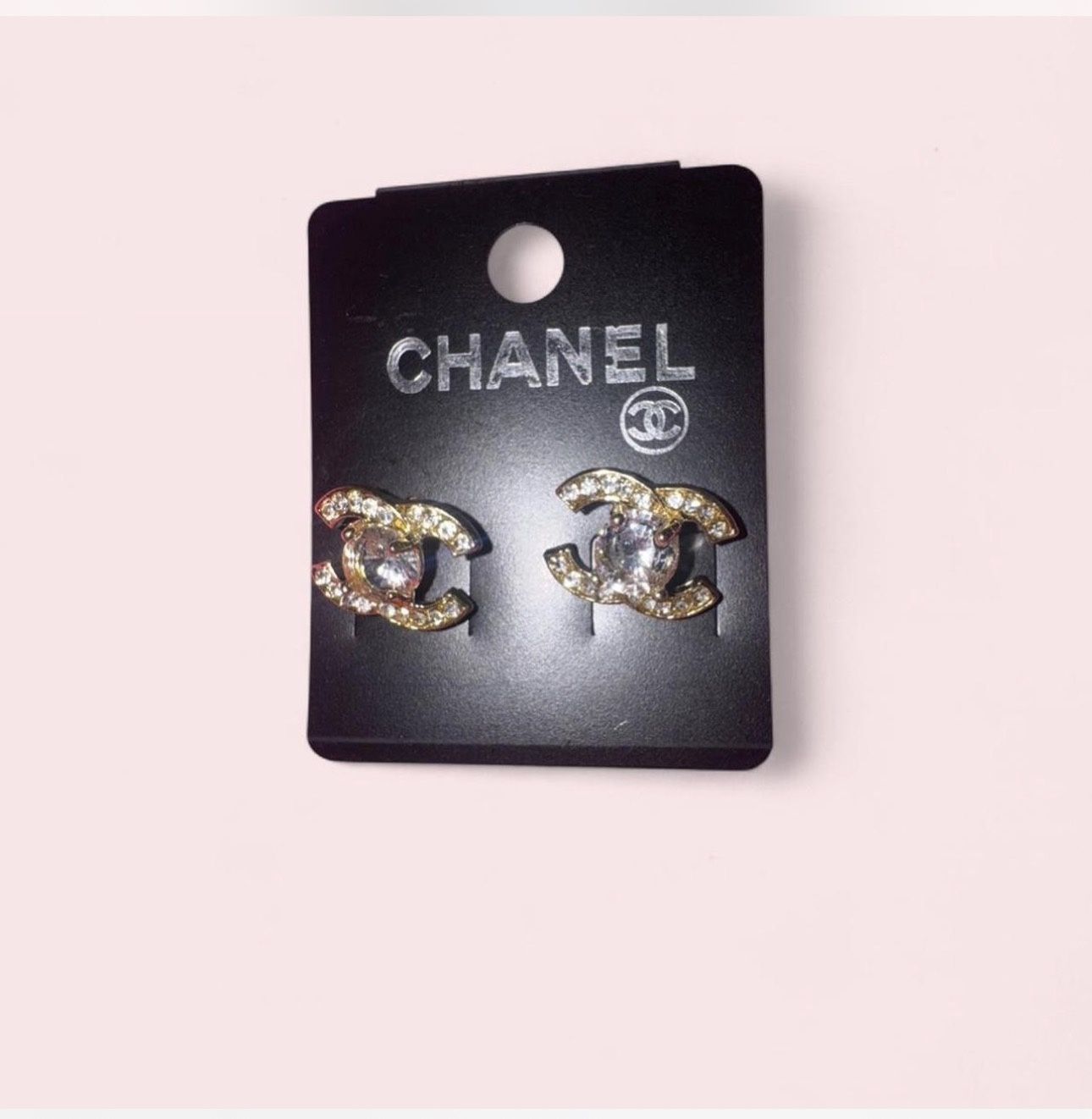 CC Gold Tone CC Crystal Logo Stud Earrings Round Clear Crystal