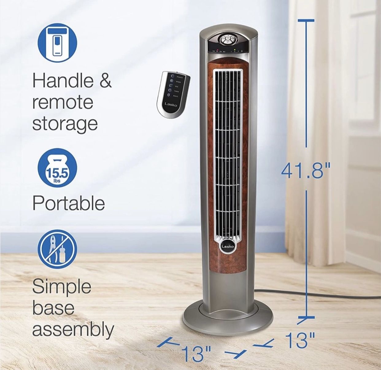 Lasko Portable Electric 42.5” Oscillating Tower Fan With Nighttime Setting, Timer & Remote Control For Indoor, Bedroom And Home Office Use