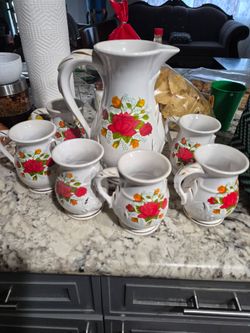 Ceramic Pitcher and Mug Set with Rose Floral Design