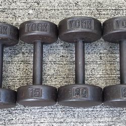 SET OF YORK VINTAGE ROUNDHEAD DUMBBELLS  (PAIRS OF)  :  15s  &  20s