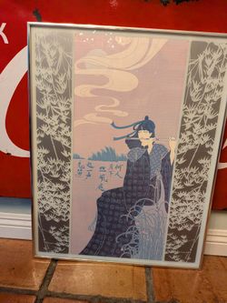 Beautiful Lillian Shao The Flute lithograph, signed 1977, framed dated, pastel wall hanging, poster, picture, artwork