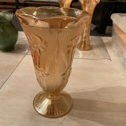 Vintage Carnival Glass Vase 9 Inches Tall And 4 Inch Wide Base See Description