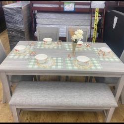 ✅️✅️ 6 pc light finish wood dining table set padded seat chairs and bench ✅️✅️