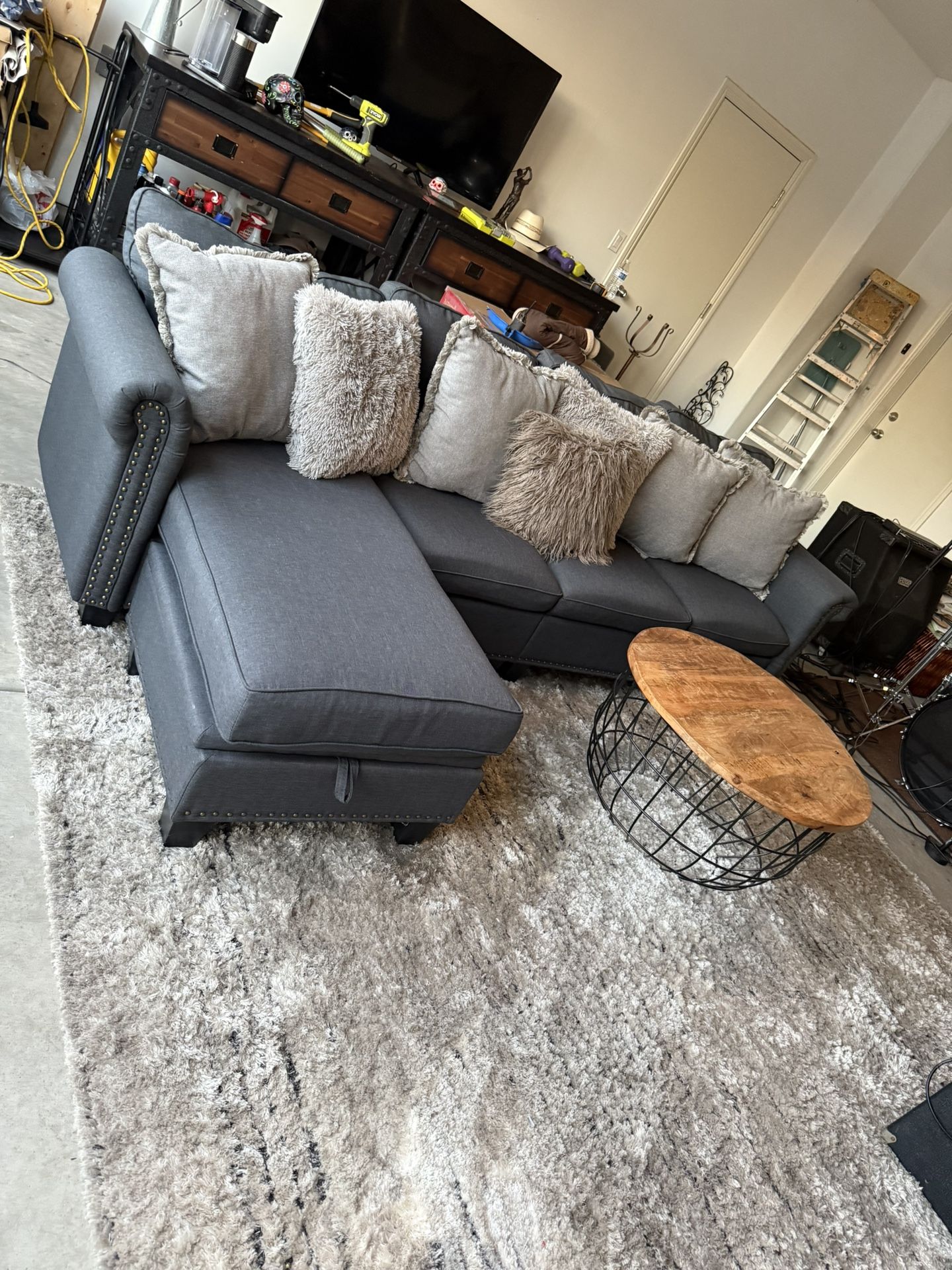 Sofa Couch With Storage Ottoman. Dark Grey Color