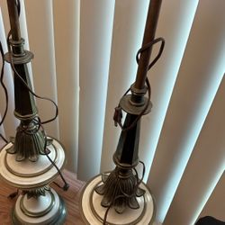 Pair of Stiffel brass, white enamel, tall table lamps