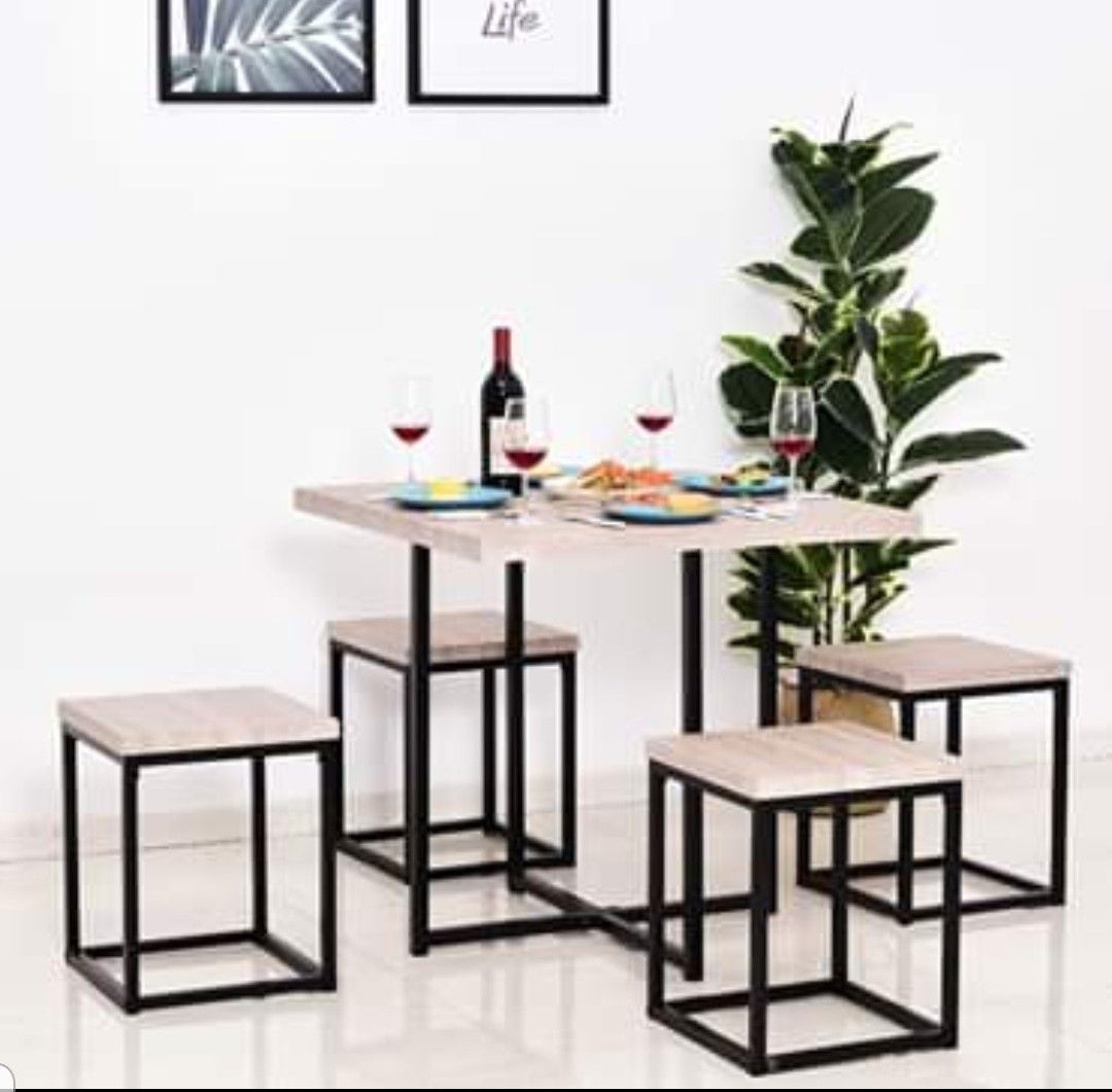 5 Piece Dining Table Chair Set with Stools Small Kitchen Furniture Seats Bar Wood Top Steel Legs