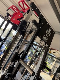 Red Home Gym + 255lbs of weights, bench, and 45lb 7ft Olympic Barbell!