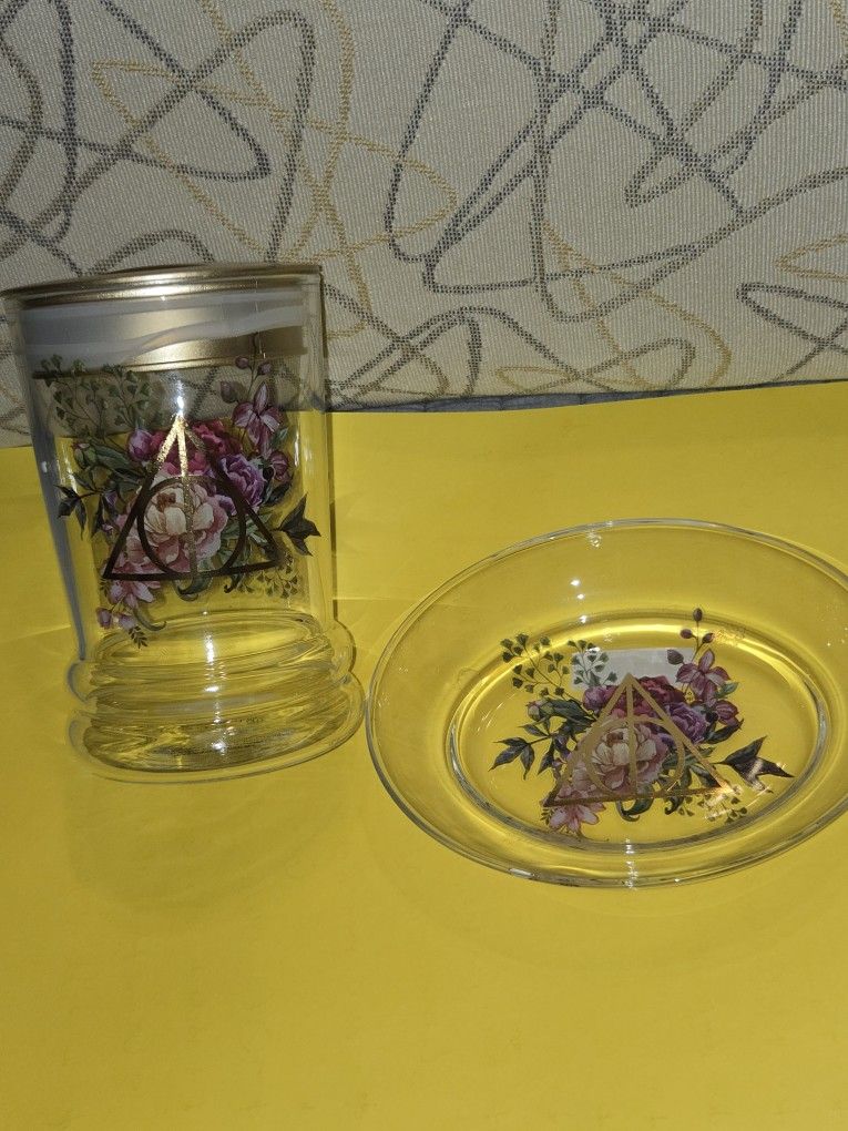 Harry Potter Deathly Hallows Soap Dish & Toothbrush Holder Glass Floral Combo