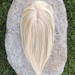 14 Inch Clip In Real Human Hair Topper with Bangs, Short Hairpiece Wiglet Extension for Women with Thinning Hair, Silk Base Scalp, Bleach Blonde, NEW!