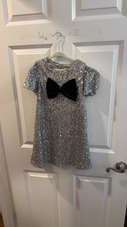 Girls Silver Sequin Dress with Black Bow