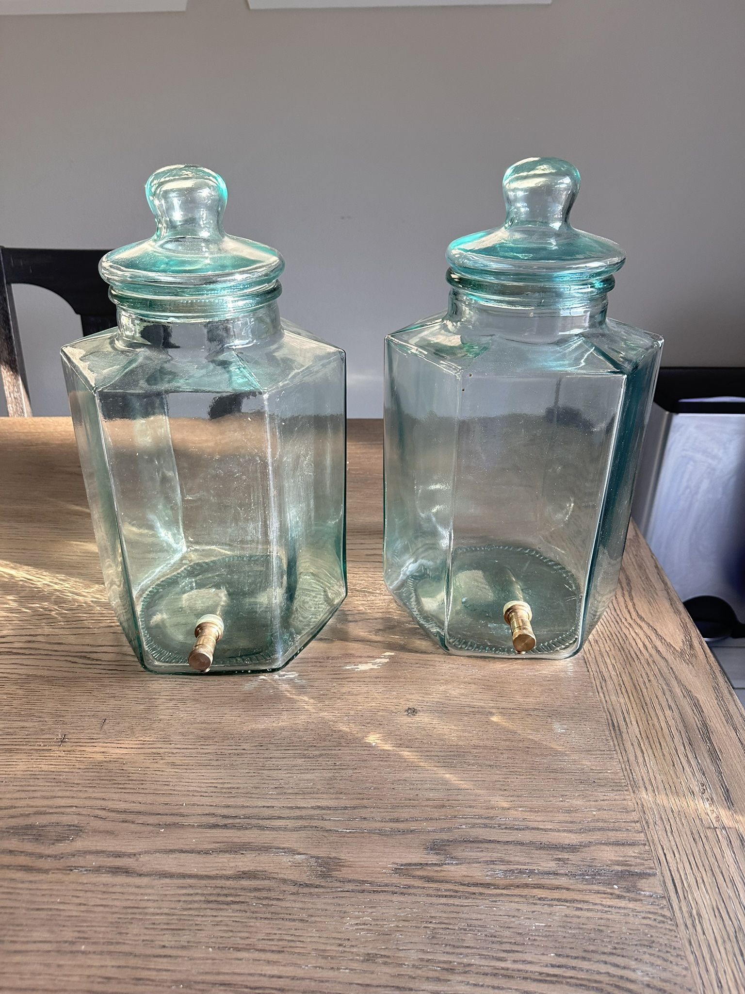 SET OF 2 VINTAGE SVE GREEN GLASS BEVERAGE DISPENSERS MADE ITALY