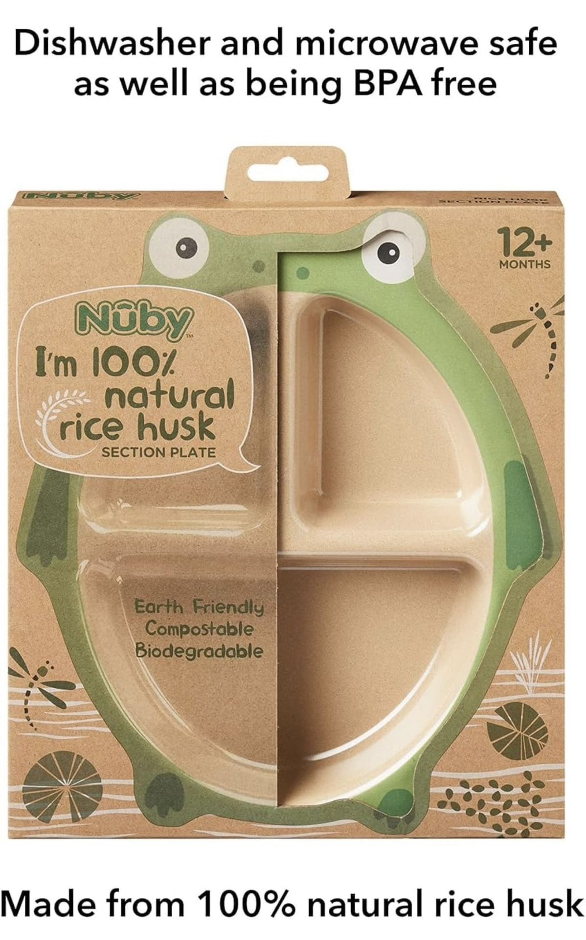 Nuby Eco-Friendly Natural Rice Husk Plate- Frog, 6+ Months, Fully Compostable