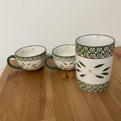 Hand Painted Spoon Holder And Two Soup Bowl Cups