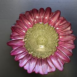 Hand-blown, Hand-painted glass decorative bowl or plate Pink Sunflower Bowl 12"