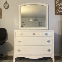 Large White Antique White and Silver Dresser  And Mirror 