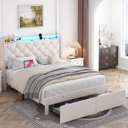 Queen Bed frame, 2 Storage Drawers, Charging Station, LED Light,