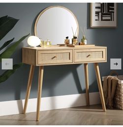 Woven Rattan Vanity Table with Mirror, Natural