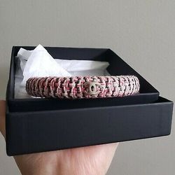 Chanel pink silver white tweed CC Bangle Cuff Thin Bracelet M



