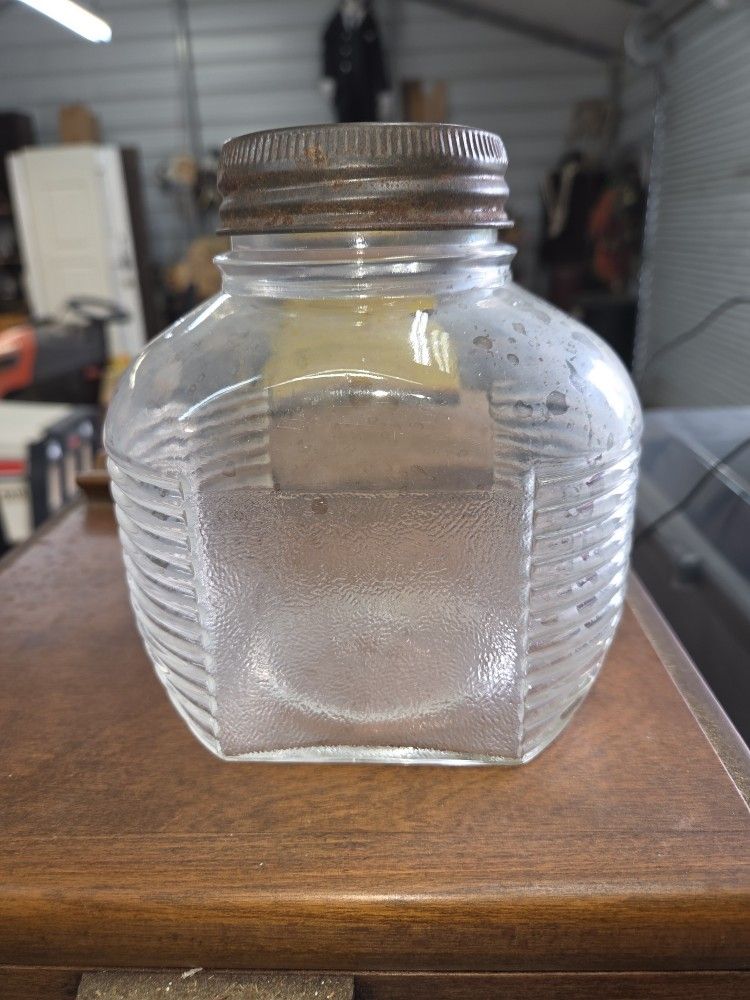 Hazel Atlas 5427 Beehive Clear Glass Coffee Jar & Zinc Glass Lid