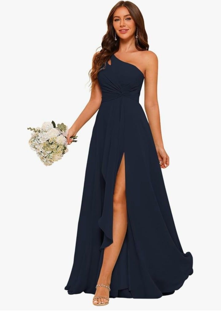 NEW Navy Blue Chiffon One-Shoulder A-Line Empire Waist Dress With Pockets