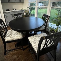Black Kitchen Table With 4 Black Upholster  Fabric Chairs, With Hold Trimming 