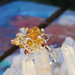 Carved Natural Citrinegemstone And Garnet Sterling Silver Ring Size 8