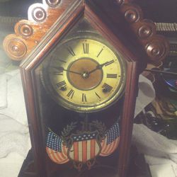 Antique Mantel Clock With Reverse Painting Of Eagle Flag