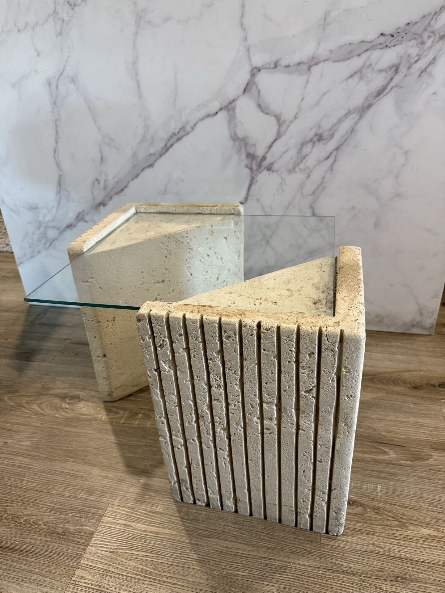 Mid Century Modern Stone & Glass Side Table | Sculptural Accent Coffee Table