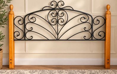 King Solid Wood & Ornate Black Metal Headboard with Rails