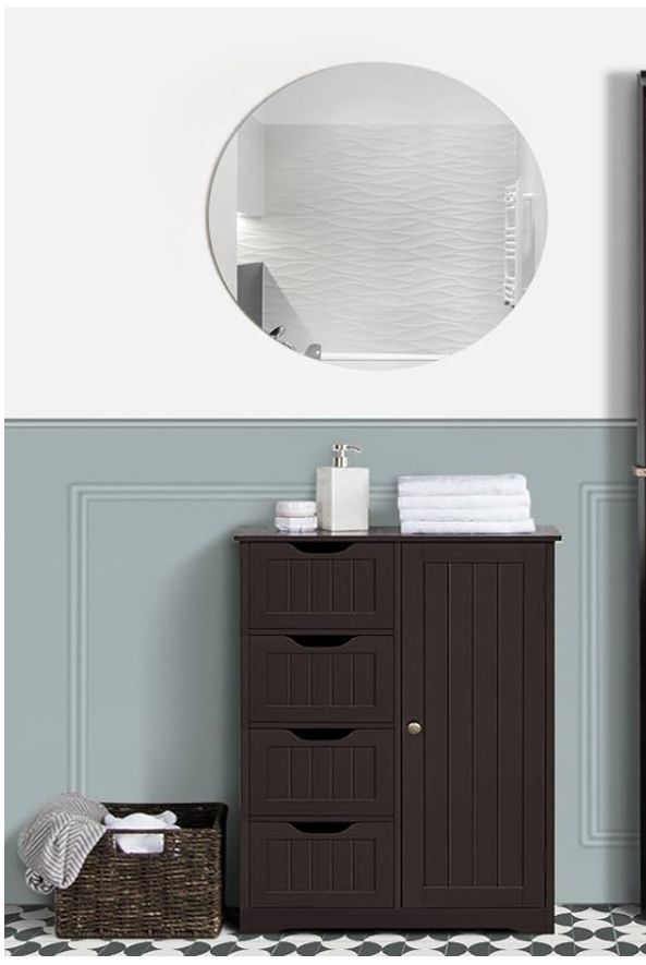 Wooden Bathroom Floor Cabinet, Side Storage Organizer Cabinet with 4 Drawers and 1 Cupboard, Freestanding Entryway Storage Unit Console Table, Home De