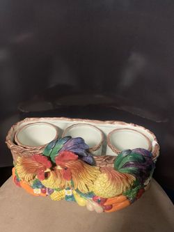 Rare Fitz & Floyd Coq Du Village Rooster 3 Herb Pots and Tray Planter