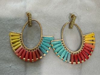 Gold-Tone Hoop Earrings with Turquoise and Coral Accents