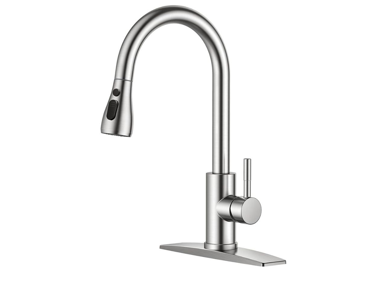 Kitchen Faucets with Pull Down Sprayer, Brushed Nickel, High Arc Single Handle Classic Stainless Steel Sink Faucet 1 or 3 Hole, Suitable for Farmhouse