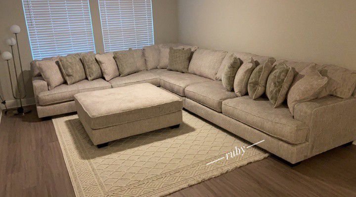 Ultra Comfy Large Scale Deep Seating Soft Beige Rawcliffe L Shape Modular Sectional Couch | Ottoman Sold Separately| Brand New Living Room Set @ Deliv
