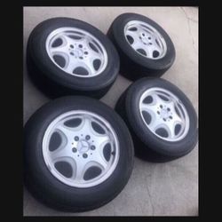 4 —- 225/60r16 5x112 5x4.41 Stock Mercedes S420 Rims Wheels Tires Good 80% Treads !!!!