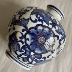 Circular Blue And White Chinoiserie Vase With Gold Accent Color