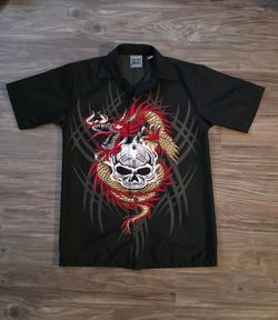 Vintage Y2K Authentic Shaolin Kids Dragon Skull Graphic Button Up Shirt Black Small