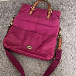 Fossil Explorer Fold Over Leather Tote in Rasberry/Brown Excellent Condition
