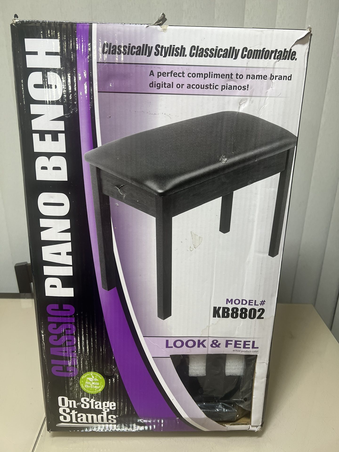 On-Stage KB8802B Keyboard Piano Classic Padded Seat Bench Black w/ Air Vents. New however, box does have cosmetic blemishes such as tears, creases and