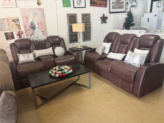 Brown Leather Reclining Sofa and Loveseat Set