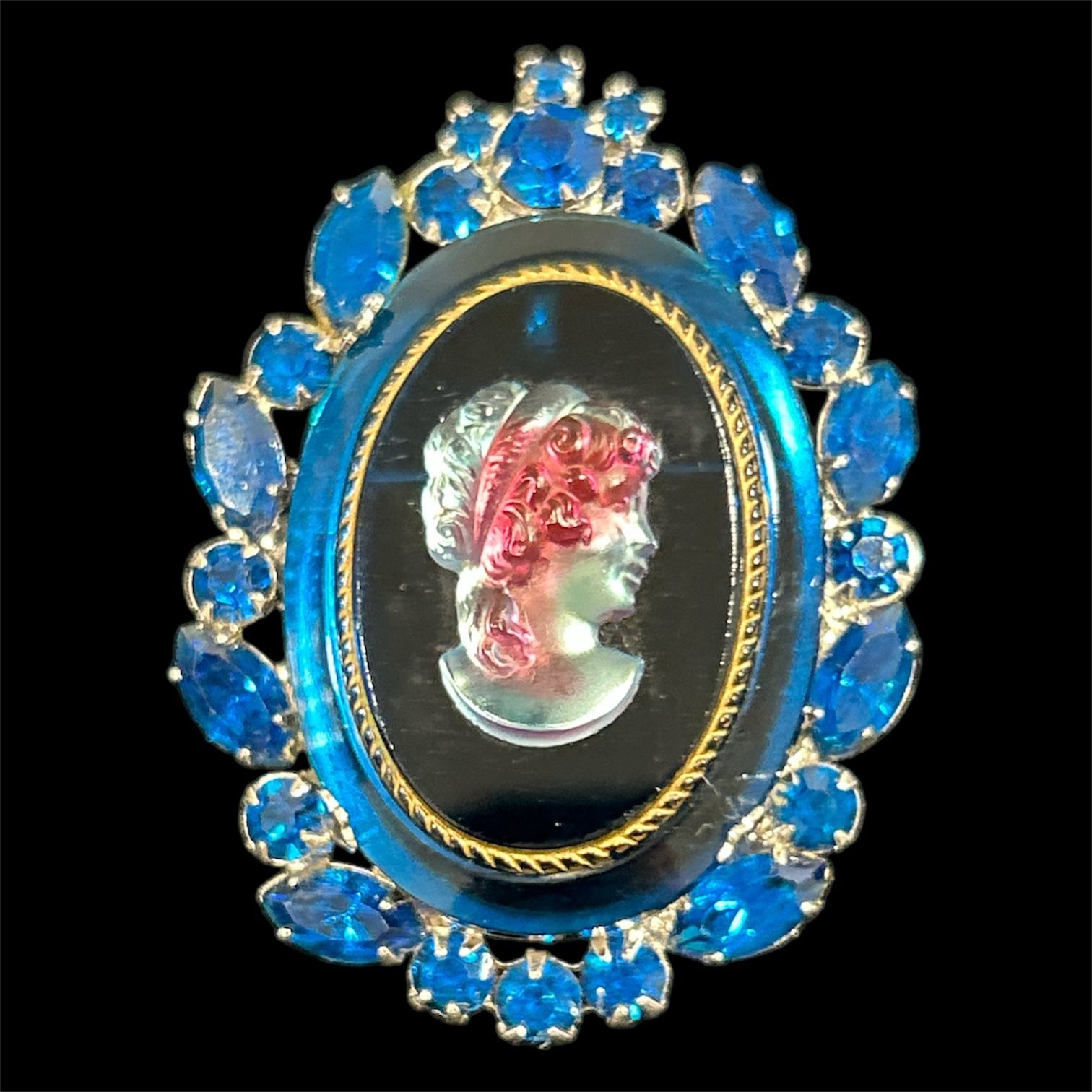Vintage Sapphire Blue Cameo Brooch Pin Glass Crystal