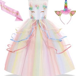 Beejirm Unicorn Dress for Girls Unicorn Costume with Headband & Satin Sash for Birthday Party (150 10-11 Years, Multicolored)