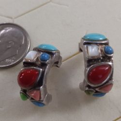Southwestern Sterling Silver 925 Multi-stone Turquoise Red Coral Mother Pearl Etc Pierced Earrings