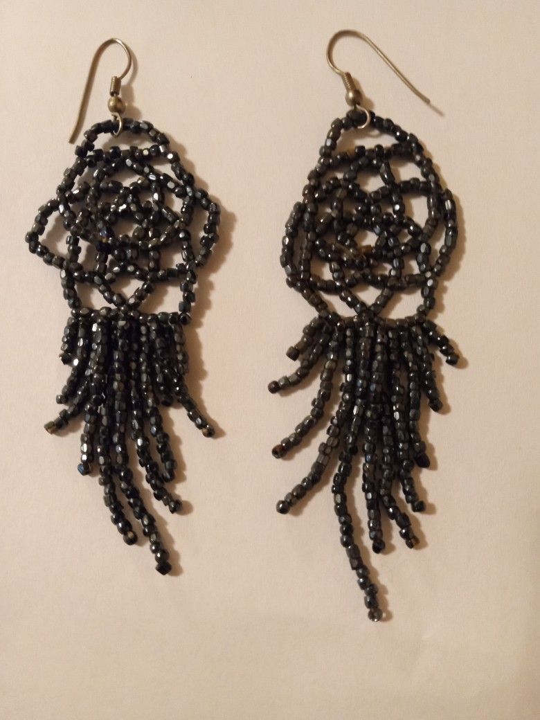 VTG Handmade 4" Beaded Dangle Earrings