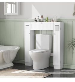 Over The Toilet Storage Cabinet, Bathroom Space Saver with Paper Holder & Adjustable Shelves, White